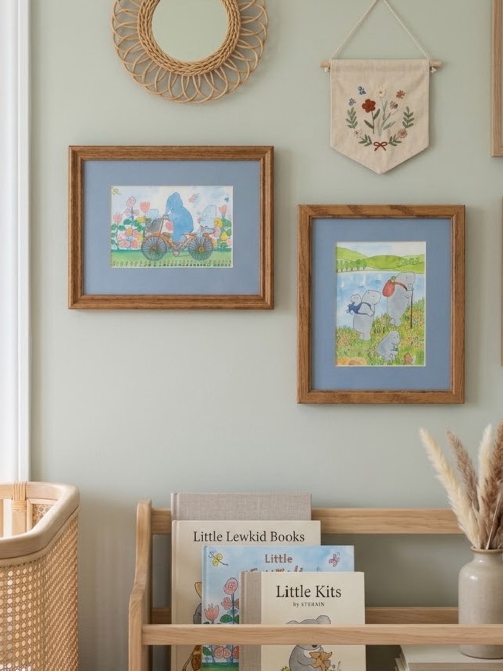 Vintage Susan Ganter Framed Art 1970s whimsical art prints for nursery hippo 🐘🦛